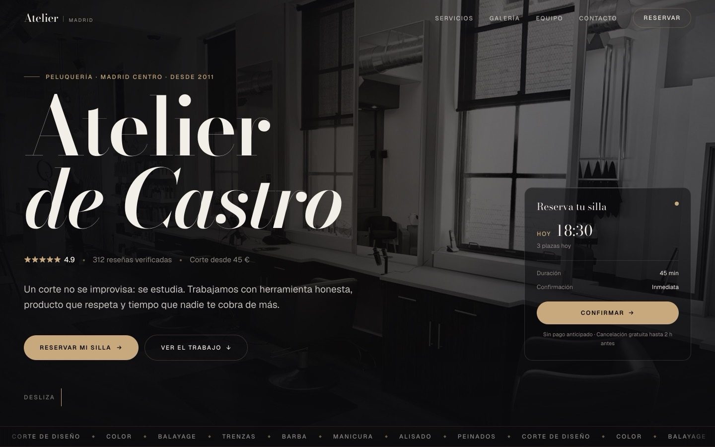 Captura del inicio de la demo de peluquerías: Atelier de Castro